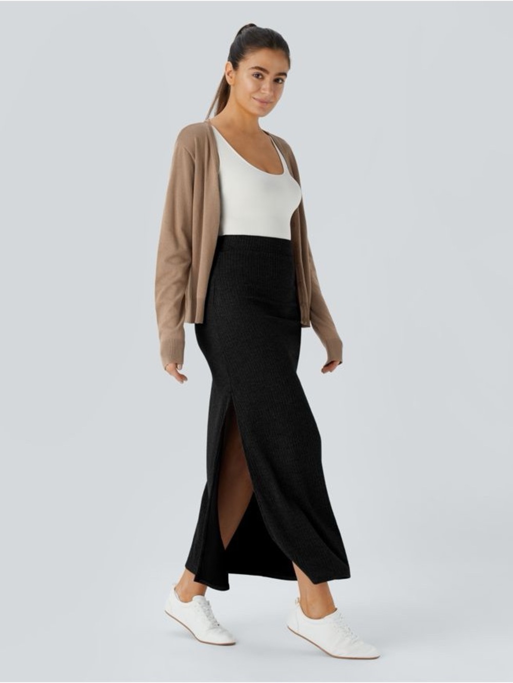 HALARA Black Ribbed Midi Skirt with Side Slit - Picture 5 of 7